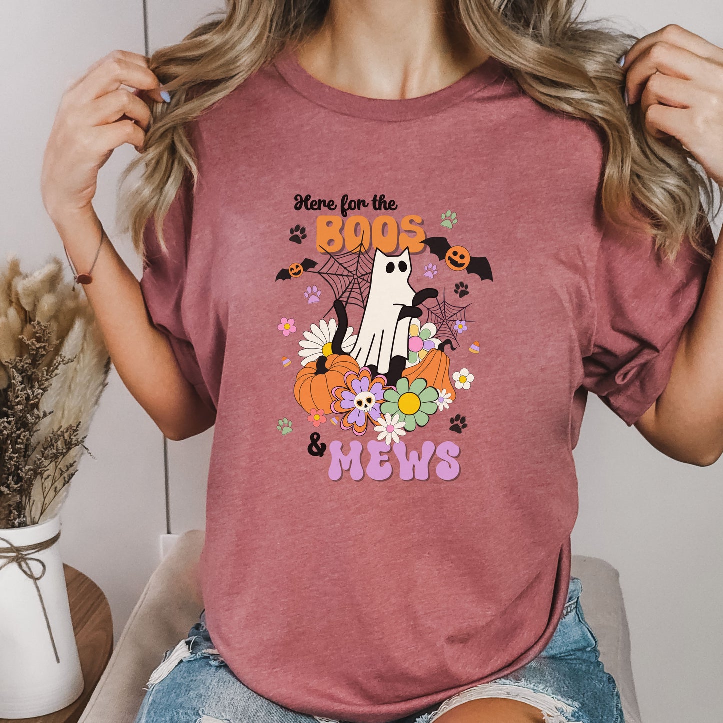 Here for the Boos and Mews Halloween Tshirt