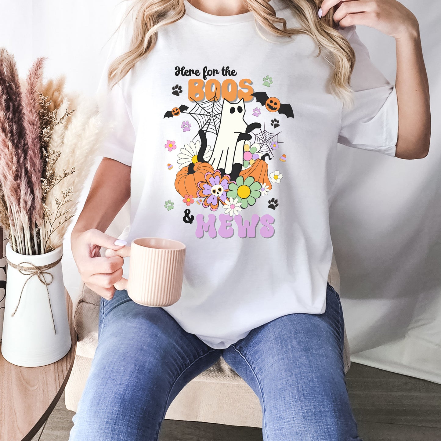 Here for the Boos and Mews Halloween Tshirt